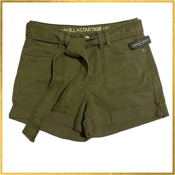 Army Green Shorts with Tie Waist Belt. 5 Pockets. Junior Size 7, Waist 28. NWT - Picture 1 of 8